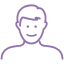 Simple purple line drawing of a person with short hair, smiling, and facing forward on a light background.