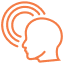 Outline of a human head in profile facing right with three curved lines near the ear, suggesting listening, hearing, or sound waves. The design is simple and uses orange lines on a white background.