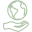 A minimalist green outline of a hand holding up the Earth, symbolizing environmental protection and sustainability.