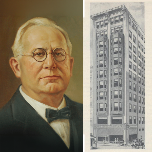 A portrait of an older man wearing eyeglasses, a bowtie and black blazer next to an image of a black and white building.