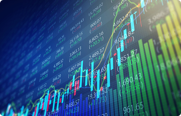 A digital stock market chart displaying various multicolored numbers, candlestick graphs, and line graphs on a blue background, illustrating financial data and market trends.