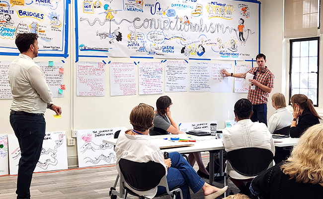 A wall-length whiteboard covered with notes and ideas. Two men are standing in front of the whiteboard and talking to five people who are seated at a table looking at the whiteboard.